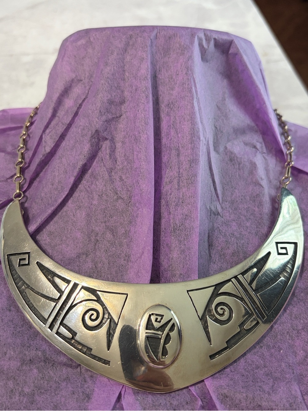 Sterling Silver Tribal Crescent Statement BibNecklace. Unmarked. Acid tested.